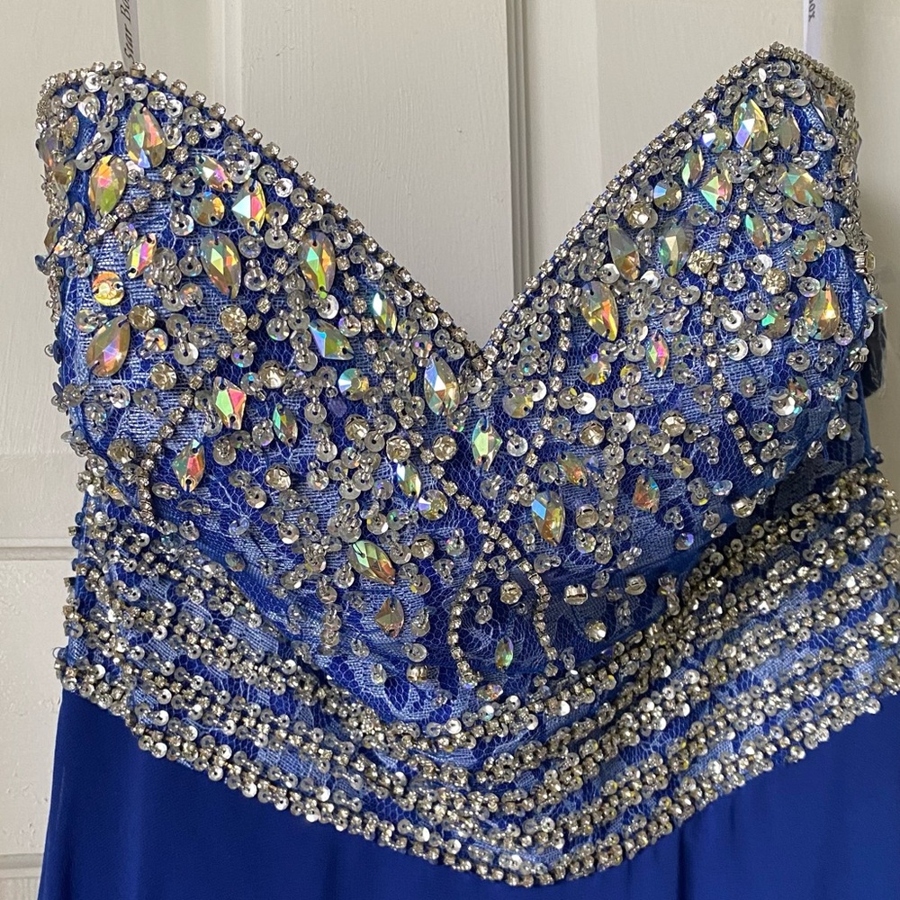 Royal Blue Rhinestone Strapless lace back gown/ dress